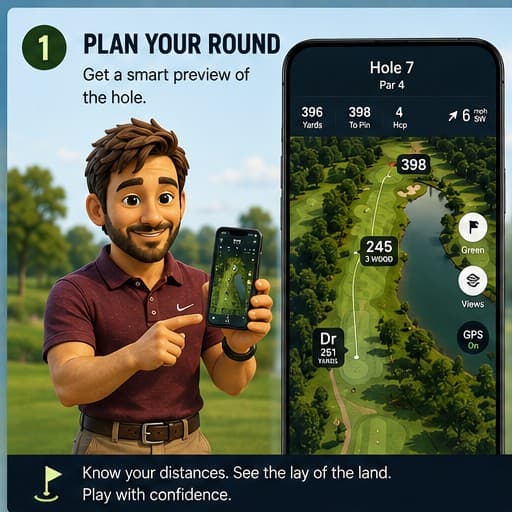 Step 1: Plan your round. Get a smart preview of the hole, with yardages and the lay of the land.