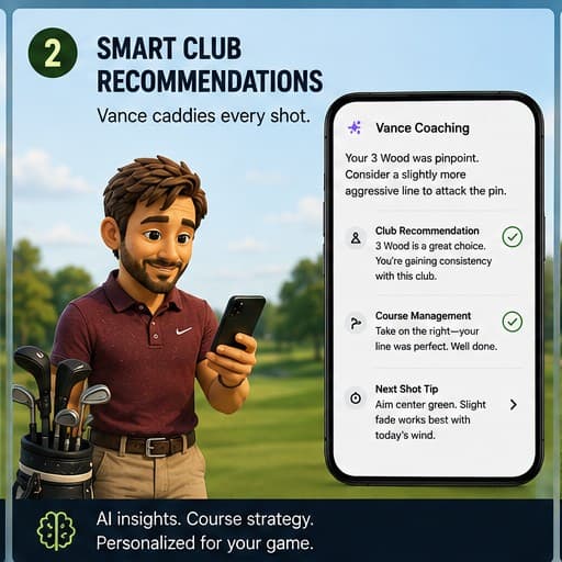 Step 2: Smart club recommendations. Vance caddies every shot with AI insights and course strategy.
